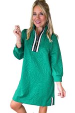 Sea Green Jacquard Textured Quarter Zipper Pop of Color Neckline Dress - Image 17