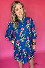 Blue Floral Print Button Front 3/4 Puff Sleeve Ruffle Hem Dress - Image 7