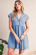 Beau Blue Lapel Neck Cap Sleeve High Waist Denim Babydoll Dress - Image 5