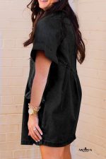 Black Short Sleeve Button Up Loose Denim Shirt Dress - Image 2