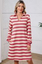 Pink Stripe Pocketed Collared V Neck Loose Fit Mini Dress - Image 5