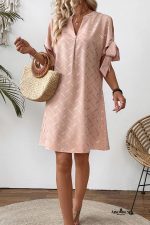 Apricot Pink Geometric Print Knot Sleeve V Neck Mini Dress - Image 5