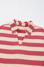 Pink Stripe Pocketed Collared V Neck Loose Fit Mini Dress - Image 10