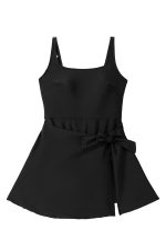 Black Side Tied Waist Square Neck Adjustable Straps A Line One Piece Swim Dress - Image 19