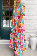 Rose Red Floral Knot Puff Sleeve V Neck Buttoned Front Split Lace Maxi Dress - Image 3