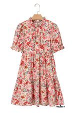 Multicolour Floral Print Frilled Neck Puff Sleeve High Waist Dress - Image 15