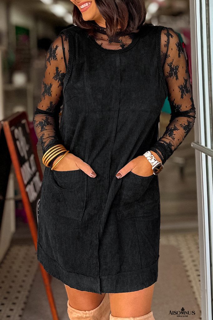 Black Corduroy Exposed Seam Sleeveless Mini Dress