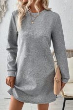 Gray Solid Color Textured Long Sleeve Shift Short Dress - Image 6