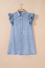 Beau Blue Ruffle Sleeve Button Down A-line Mini Denim Dress - Image 5