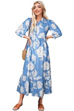 Sky Blue Floral Print Puff Sleeve Collared Dress - Image 4