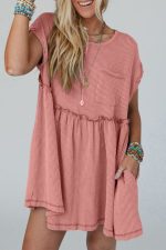 Dusty Pink Textured Patched Pocket Frilly Mini Dress