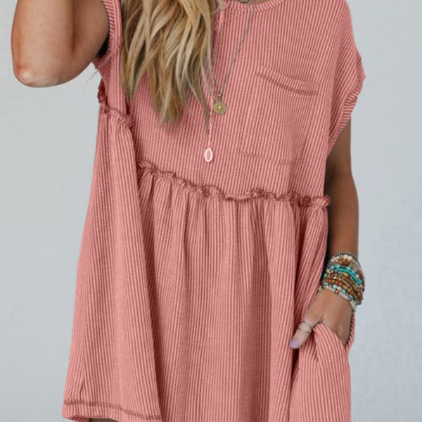 Dusty Pink Textured Patched Pocket Frilly Mini Dress