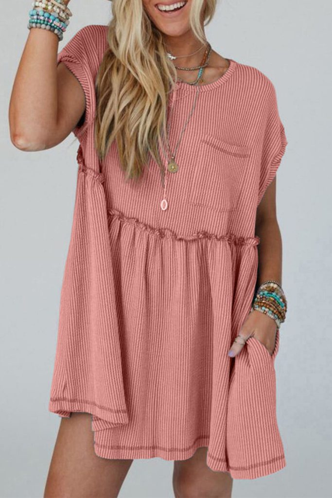 Dusty Pink Textured Patched Pocket Frilly Mini Dress