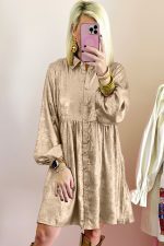 Apricot Metallic Sheen Puff Sleeve Button Up Mini Shirt Dress - Image 11