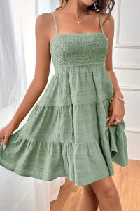 Smoke Green Solid Color Shirred Spaghetti Strap Textured Dress - Image 3