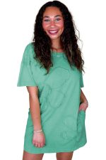 Mint Green Mineral Wash Flower Patchwork Mini T Shirt Dress - Image 11