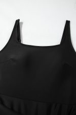 Black Side Tied Waist Square Neck Adjustable Straps A Line One Piece Swim Dress - Image 9