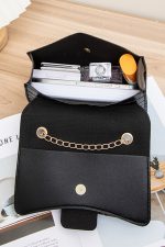 Black Textured Leather Buckle Chain Shoulder Bag - Image 9