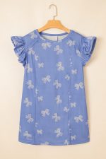 Sky Blue Bow Print Ruffle Sleeve Mini Dress - Image 6