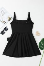 Black Side Tied Waist Square Neck Adjustable Straps A Line One Piece Swim Dress - Image 8