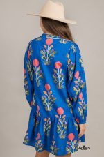 Sky Blue Floral Print Pop of Color V Neck Mini Dress - Image 2