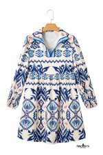Blue Ethnic Print Pop of Color Neckline Long Sleeve Dress - Image 18