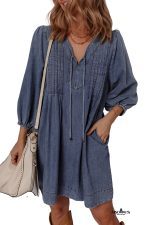 Sail Blue Pleated V Neck 3/4 Sleeve Denim Mini Dress - Image 8