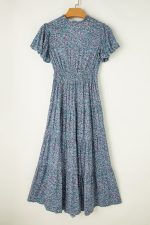 Blue Abstract Print Split V Neck Shirred High Waist Maxi Dress - Image 7
