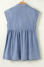 Beau Blue Lapel Neck Cap Sleeve High Waist Denim Babydoll Dress - Image 10