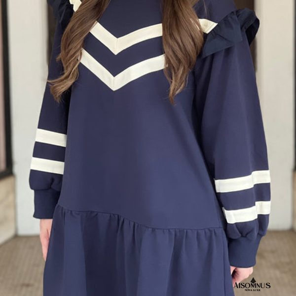 Navy Blue Striped Ruffle Long Sleeve Shift Dress