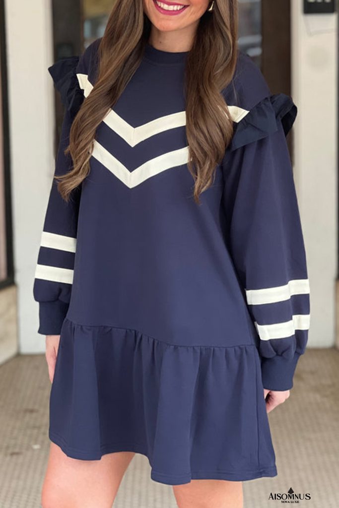 Navy Blue Striped Ruffle Long Sleeve Shift Dress