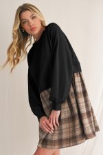 Black Plaid Patchwork High Waist Sweatshirt Mini Dress - Image 4