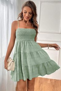 Smoke Green Solid Color Shirred Spaghetti Strap Textured Dress - Image 5