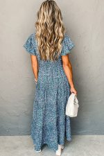 Blue Abstract Print Split V Neck Shirred High Waist Maxi Dress - Image 2
