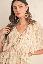 Apricot Boho V Neck Floral Tassel Tie Ruffle Mini Dress - Image 5