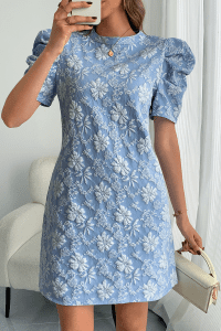 Sky Blue Floal Jacquard Elegant Mini Dress - Image 3