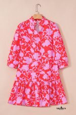 Red Floral 3/4 Sleeve Ruffle Hem Mini Dress - Image 2