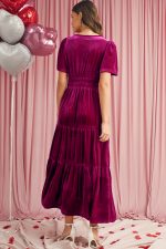 Red Dahlia Velvet Short Sleeve Shirred Waist Tiered Maxi Dress - Image 2