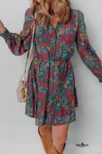 Green Floral Frill V Neck Puff Sleeve Ruffle Mini Dress - Image 4