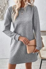 Gray Solid Color Textured Long Sleeve Shift Short Dress - Image 5
