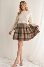 Beige Plaid Patchwork High Waist Sweatshirt Mini Dress - Image 4