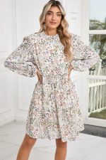 Green Floral Print Tiered Frilled Shirred Mock Neck Mini Dress - Image 3