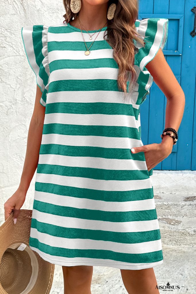 Green Stripe Flutter Sleeve Round Neck Shift Mini Dress