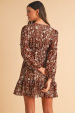 Brown Boho Floral Ruffle Puff Sleeve V Neck Mini Dress - Image 2