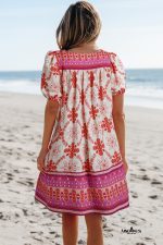 Rose Boho Floral Short Sleeve Tie V Neck Mini Dress - Image 11