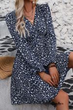 Dirty Blue Floral Print V Neck Long Sleeve Mini Dress - Image 4