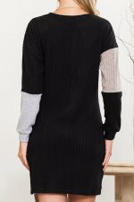 Black Ribbed Color Block Drop Shoulder Long Sleeve Mini Dress - Image 9