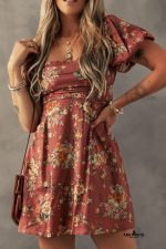 Red Floral Puff Sleeve Square Neck Knot Open Back Mini Dress - Image 4