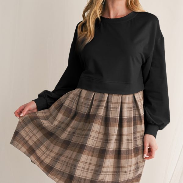 Black Plaid Patchwork High Waist Sweatshirt Mini Dress