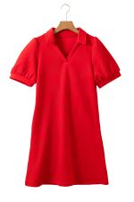 Fiery Red V Neck Puff Sleeve Textured Mini Dress - Image 20